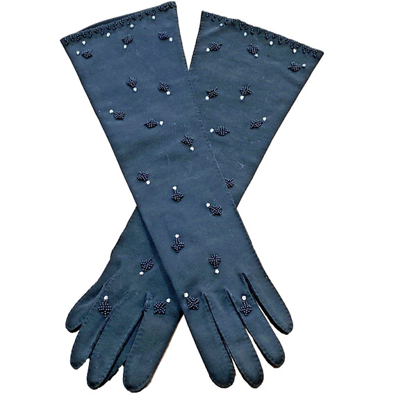 Gimbels Hong Kong Bead & Rhinestone Black Cotton Dressy Elbow Gloves 6.5 Vintage - Picture 9 of 11